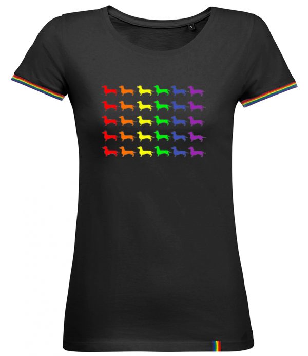 rainbow black t-shirt with dachshunds sausagedog