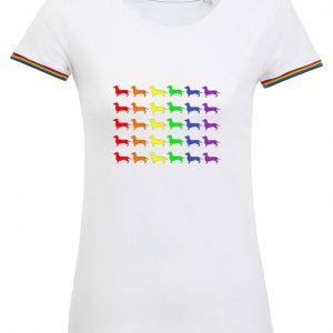 rainbow white t-shirt with dachshunds sausagedog