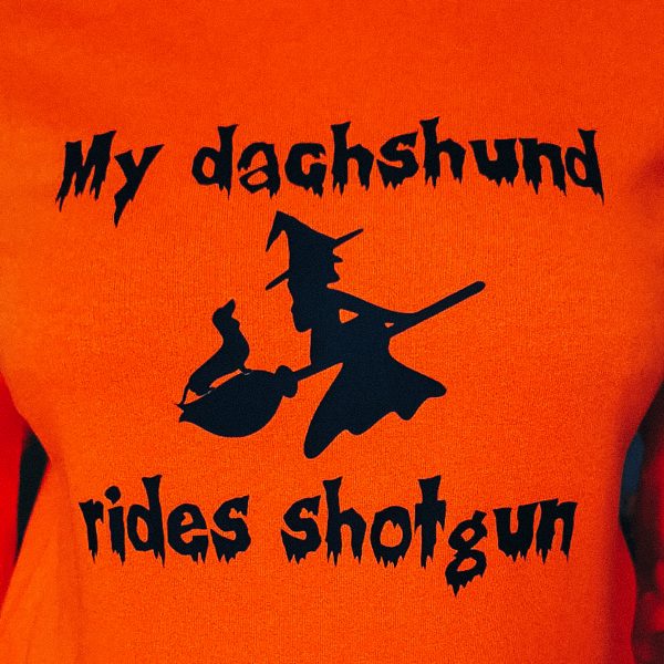 Witch and dachshund Halloween Sweatshirt Organic Orange